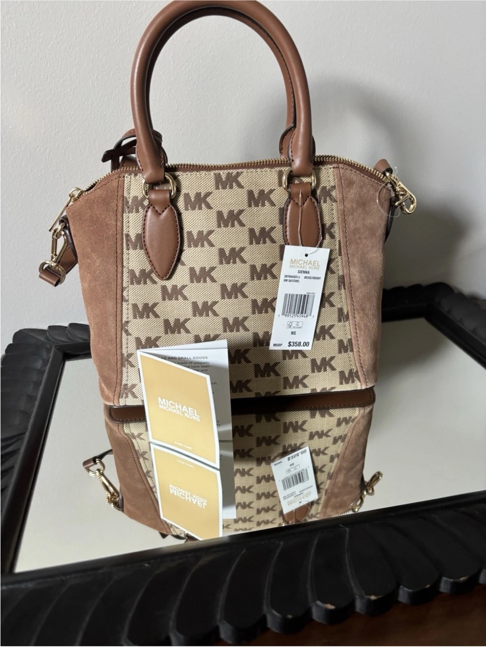 Michael Kors Tan and Brown MK Logo Satchel with Suede Panels